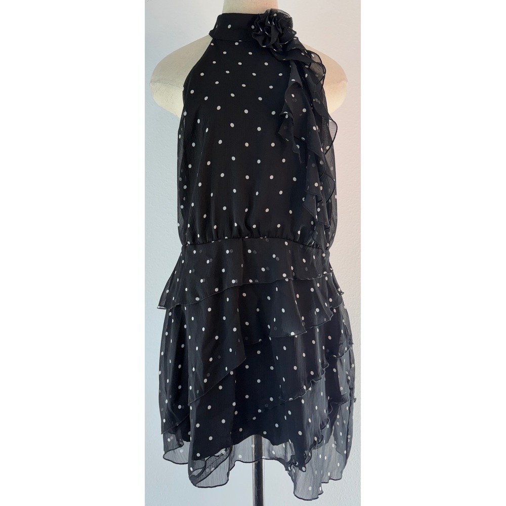 Anthropologie Maeve Black Polka Dot Mini Dress Halter Rosette Ruffle Tiered Med